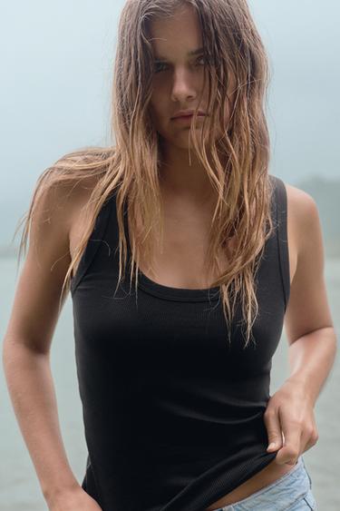 Zara STRAPPY RIB TOP - Black