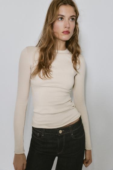 Zara LONG SLEEVE RIBBED T-SHIRT - Sand