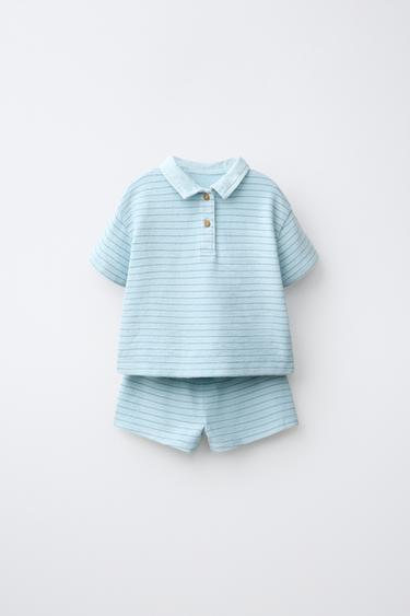 STRIPED POLO SHIRT AND BERMUDA SHORTS SET - Neon blue by Zara
