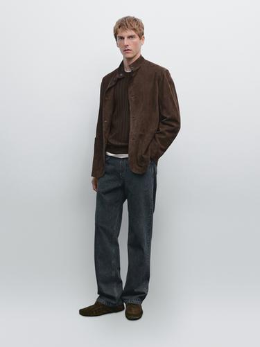 Zara Suede leather stand collar jacket - Chocolate