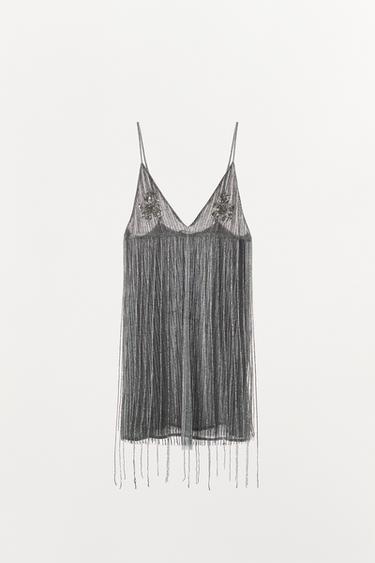 SHORT FRINGED BEADED DRESS - Silver by Zara