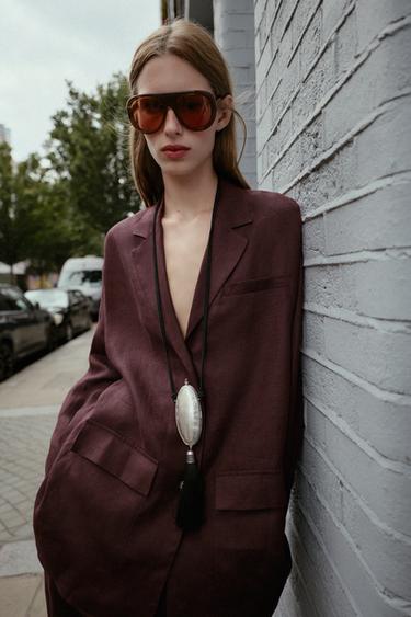 LONG LINEN BLAZER - Aubergine by Zara