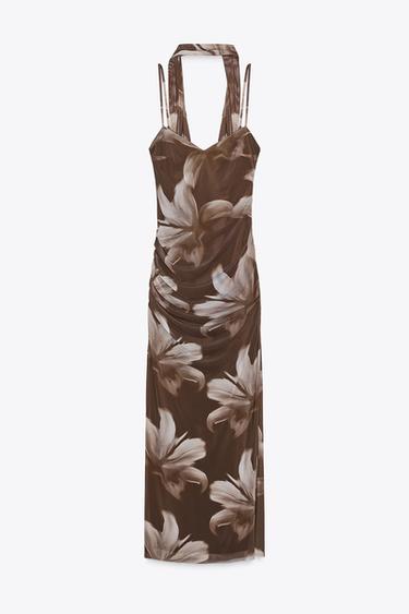 Zara TULLE PRINT MIDI DRESS WITH FOULARD - Khaki