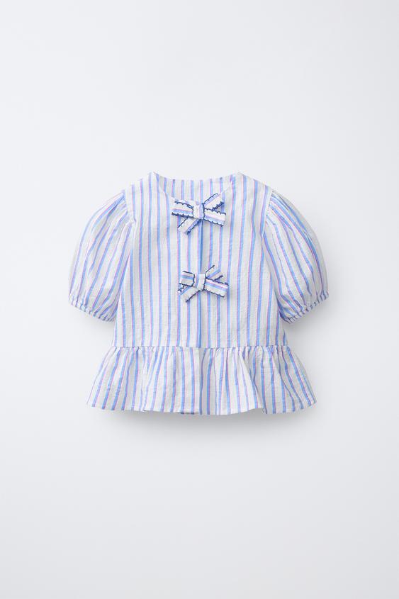 BLUSA LISTRADA COM LAÇOS - Branco-marfim da Zara - Imagem 0