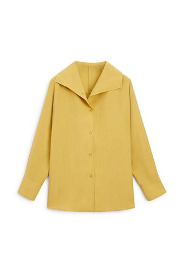 Camisa fluida detalle cuello con lino - Mostaza de Zara