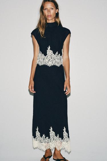LACE TRIM MIDI SKIRT - Navy / White by Zara - Image 0