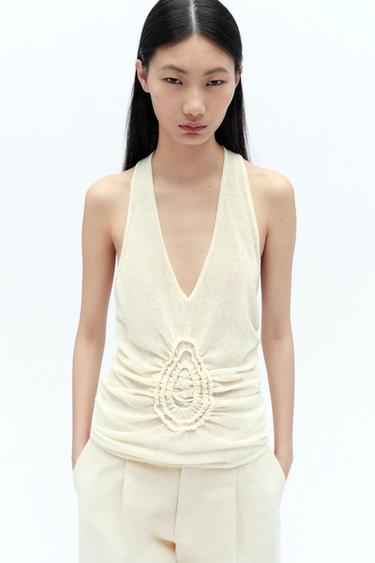 HAUT À ENCOLURE AMÉRICAINE ET PLIS X FANGLU LIN - Blanc cassé de Zara - Image 4