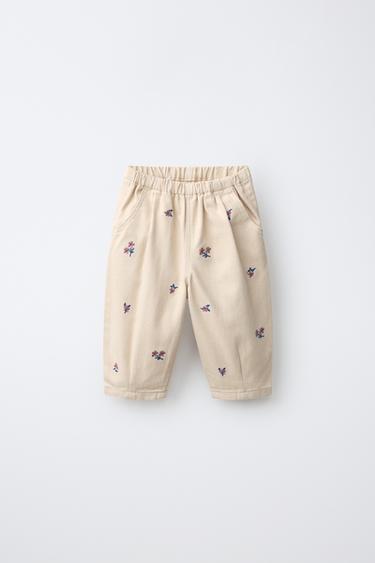 KEPROVÉ KALHOTY BAGGY S VÝŠIVKOU KVĚTIN - Přírodní od Zara