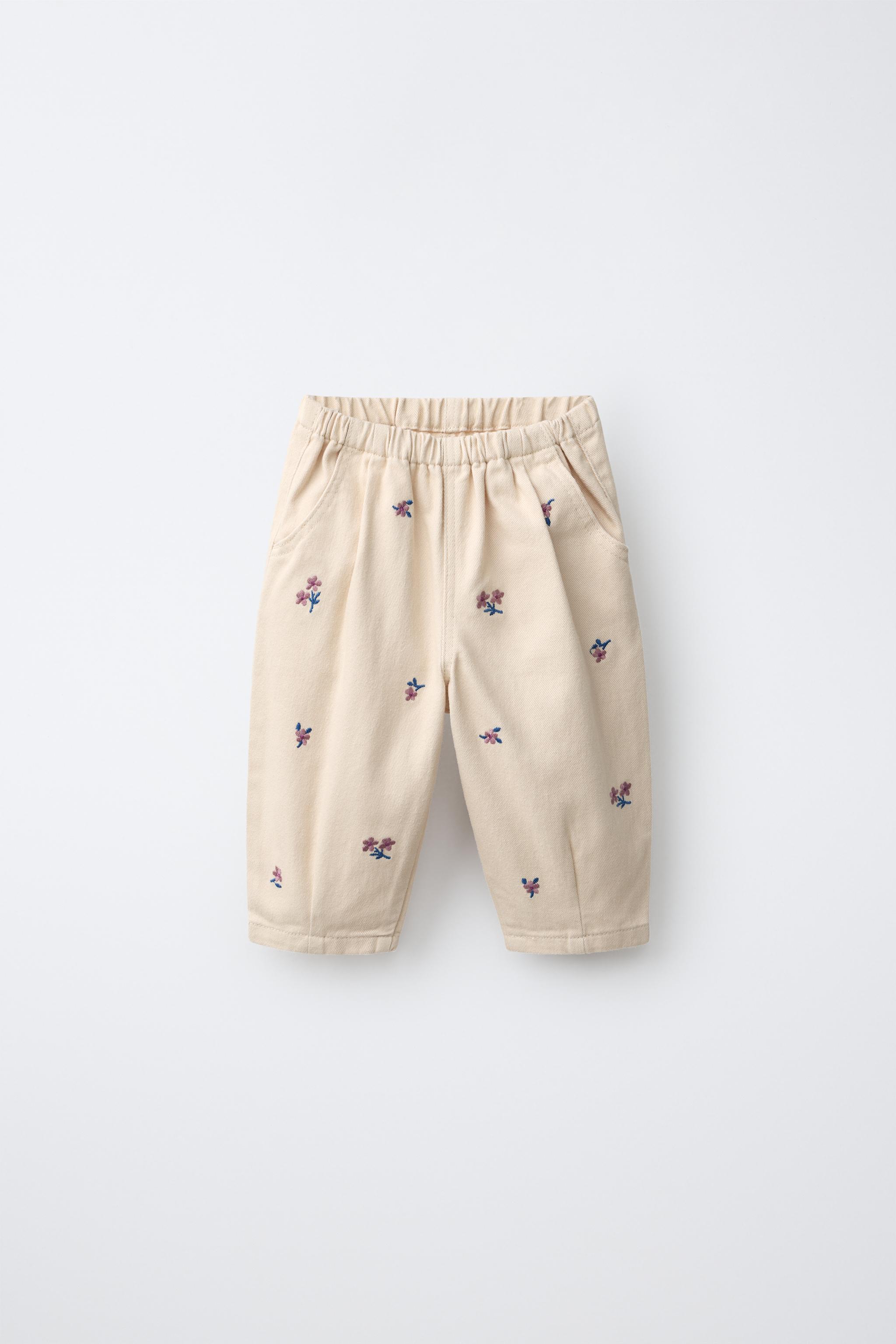 PANTALON BAGGY EN SERGÉ À FLEURS BRODÉES