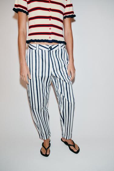 PANTALÓN CHINO RAYAS - Crudo / Marino de Zara