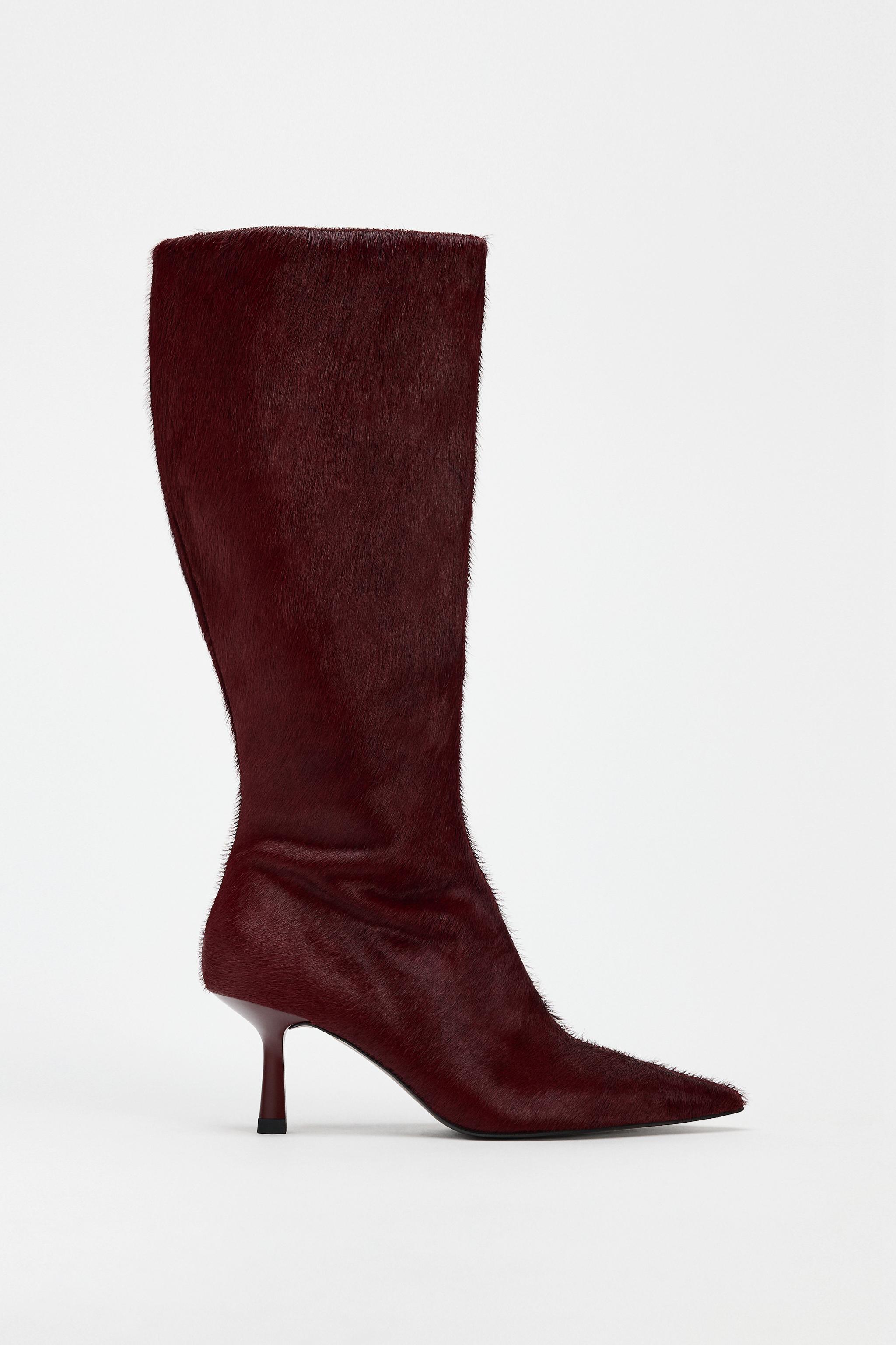 HEELED LEATHER KNEE HIGH BOOTS Burgundy Red ZARA United States