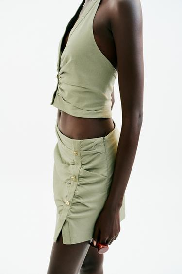 GATHERED LINEN BLEND SKORT - Light khaki by Zara - Image 3