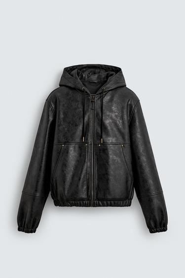 HOODED LEATHER EFFECT JACKET - Black by Zara - Image 6