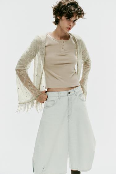 Zara BEADED LACE JACKET - Light green
