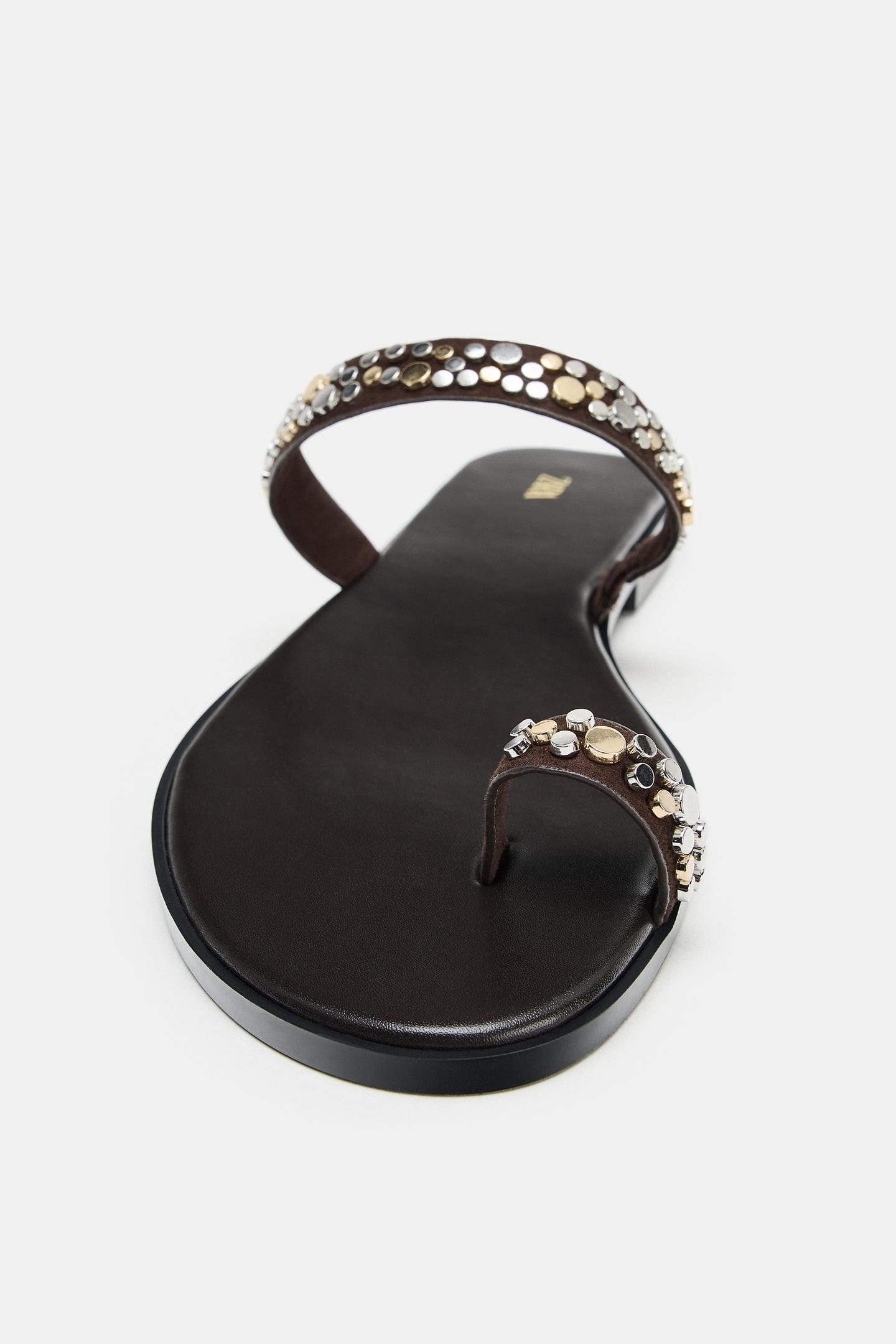 Женские сандалии Zara Studded Flat, цвет: Коричневый — фото 6