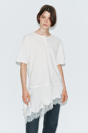 T-SHIRT EN MATIÈRES VARIÉES ET DENTELLE À COL TUNISIEN - Écru de Zara - Image 0