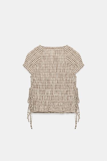 TOP POPELIN FRUNCES CUADROS - Beige-marro de Zara - Imagen 0
