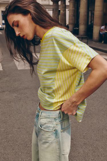 COTTON AND LINEN STRIPED T-SHIRT - washed green by Zara