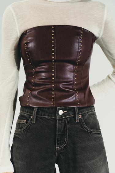 STUDDED FAUX LEATHER BANDEAU TOP - Burgundy by Zara - Image 2