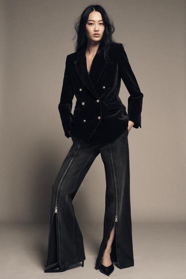 JEANS ZW COLLECTION WIDE LEG خصر متوسط سحابات - أسود الخاص بـ Zara