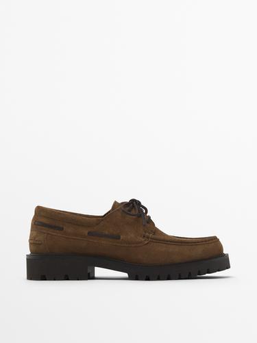 Zara Camel split suede deck shoes - taupe brown - Image 0