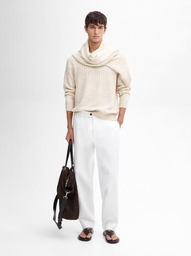 Pull 100 % lin à col rond et bord-côte - Beige de Zara - Image 0