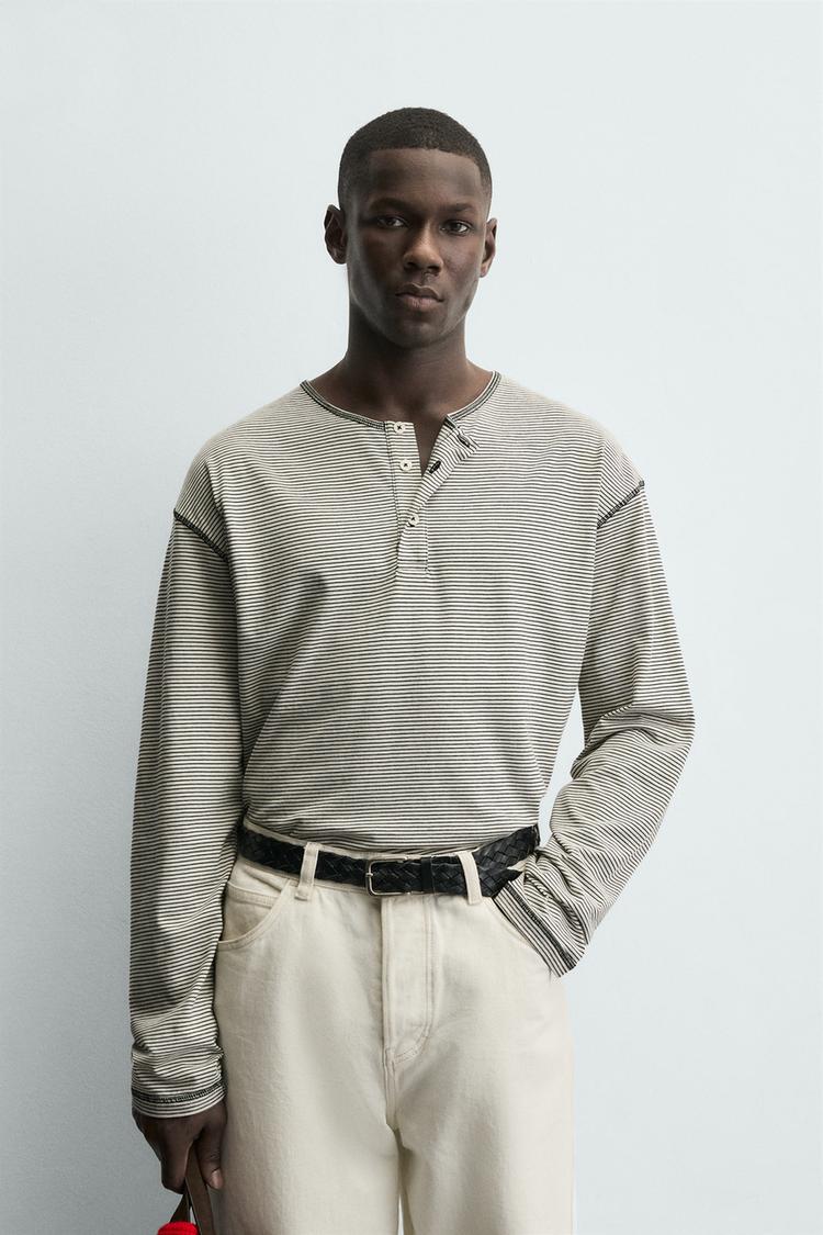 ZARA STRIPED HENLEY NECK T-SHIRT