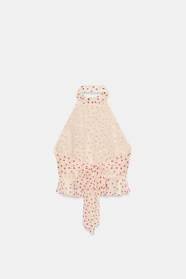 GEORGETTE HALTER TOP - Ecru / Red by Zara - Image 3