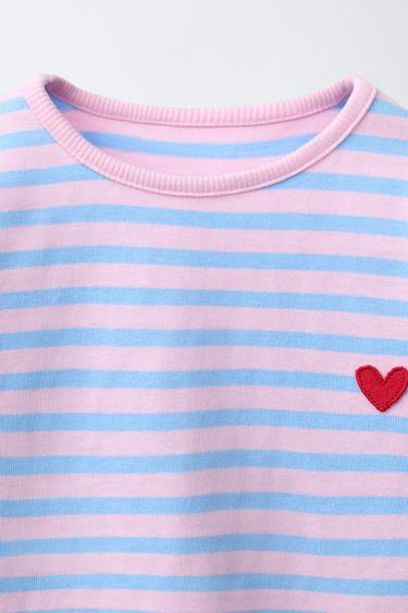 T-SHIRT À RAYURES CŒUR BRODÉ - Bleu pastel de Zara - Image 2