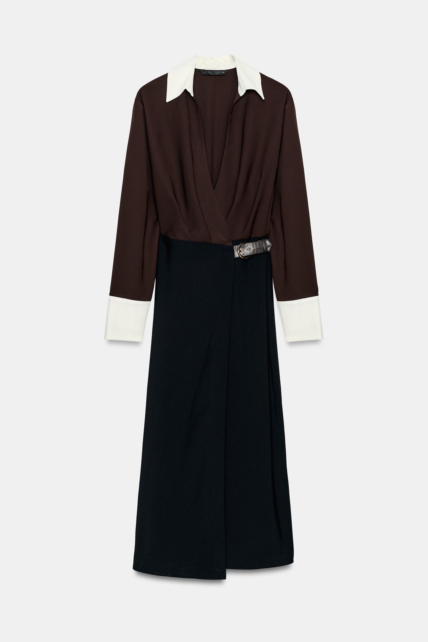 Женское платье Zara Combined Buckle MIDI, цвет: Коричневый — фото 8