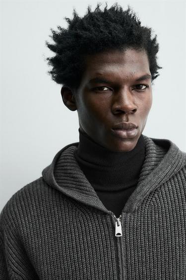 Zara COTTON - WOOL PURL KNIT HOODIE CARDIGAN - Gray marl