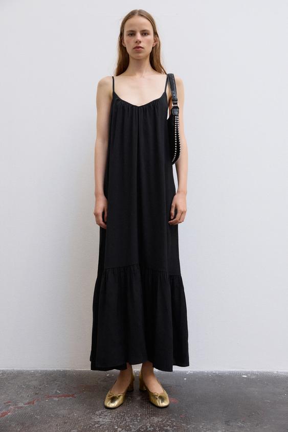 VESTIDO MIDI FLUIDO VOLANTE - Negro de Zara - Imagen 0