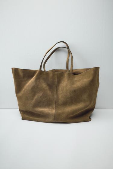 SAC MAXI SHOPPER EN CUIR VELOURS - Vert kaki de Zara