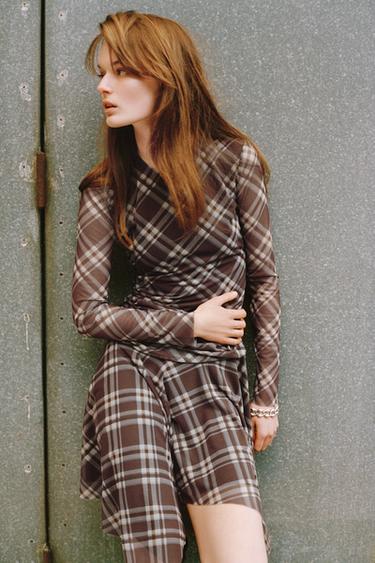 Zara PLAID DRAPED TULLE DRESS - Khaki