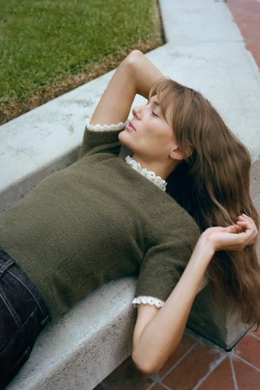 PULL AVEC LAINE ET ALPAGA COMBINÉ POINTELLE - Vert / Écru de Zara - Image 1