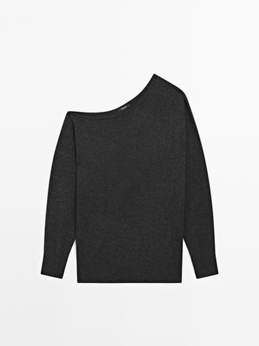 Zara Wool blend knit sweater with asymmetric neckline - Anthracite grey