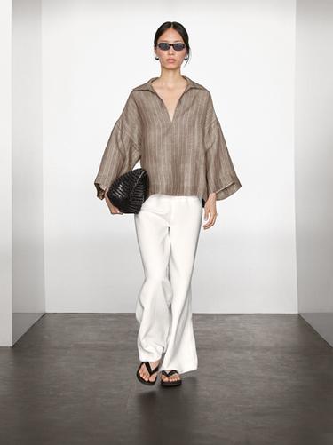 Zara Striped linen open neck blouse - Black gold - Image 0