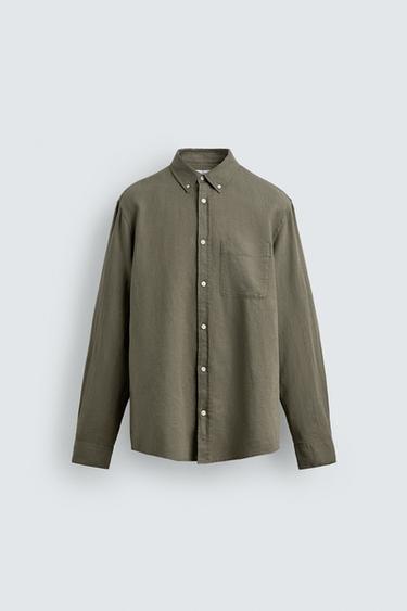 РУБАШКА REGULAR FIT ИЗ ЛЬНА И ХЛОПКА — ЗЕЛЕНЫЙ от Zara