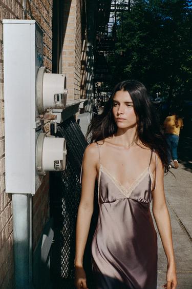 SATIN LACE MIDI DRESS - Brown / Taupe by Zara