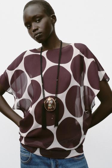 SHEER POLKA DOT TOP - Ecru / Maroon by Zara - Image 1