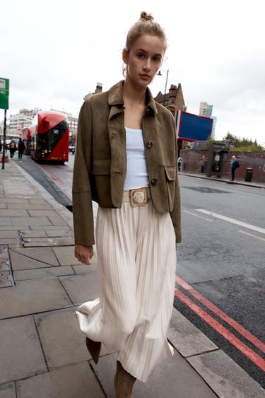 BELTED FAUX SUEDE EFFECT PLEATED MIDI SKIRT - Sand by Zara