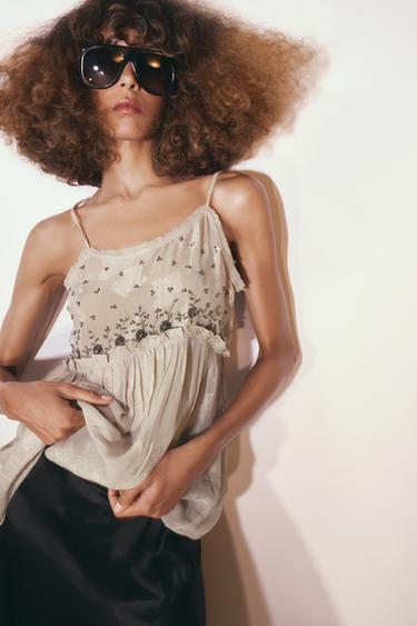 ZW COLLECTION JACQUARD STRAPPY TOP - Pearl grey by Zara
