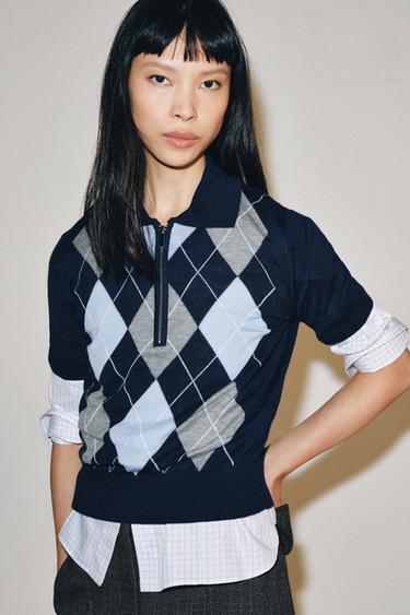 ARGYLE KNIT POLO SHIRT - Grey / Blue by Zara