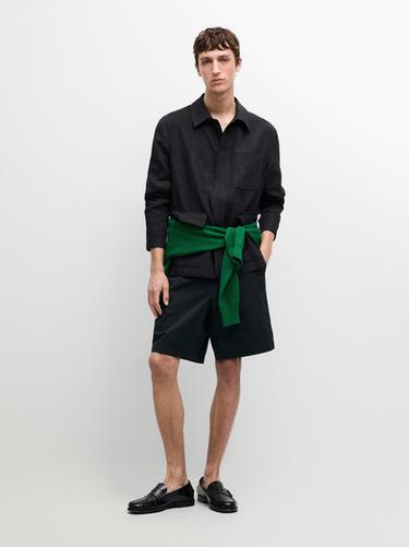 Zara Cotton Bermuda shorts with waist detail - Navy blue - Image 0