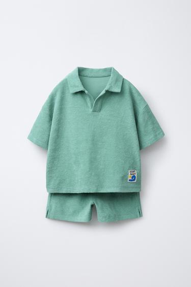 Zara LABEL TERRY CLOTH POLO AND SHORTS SET - Sea green