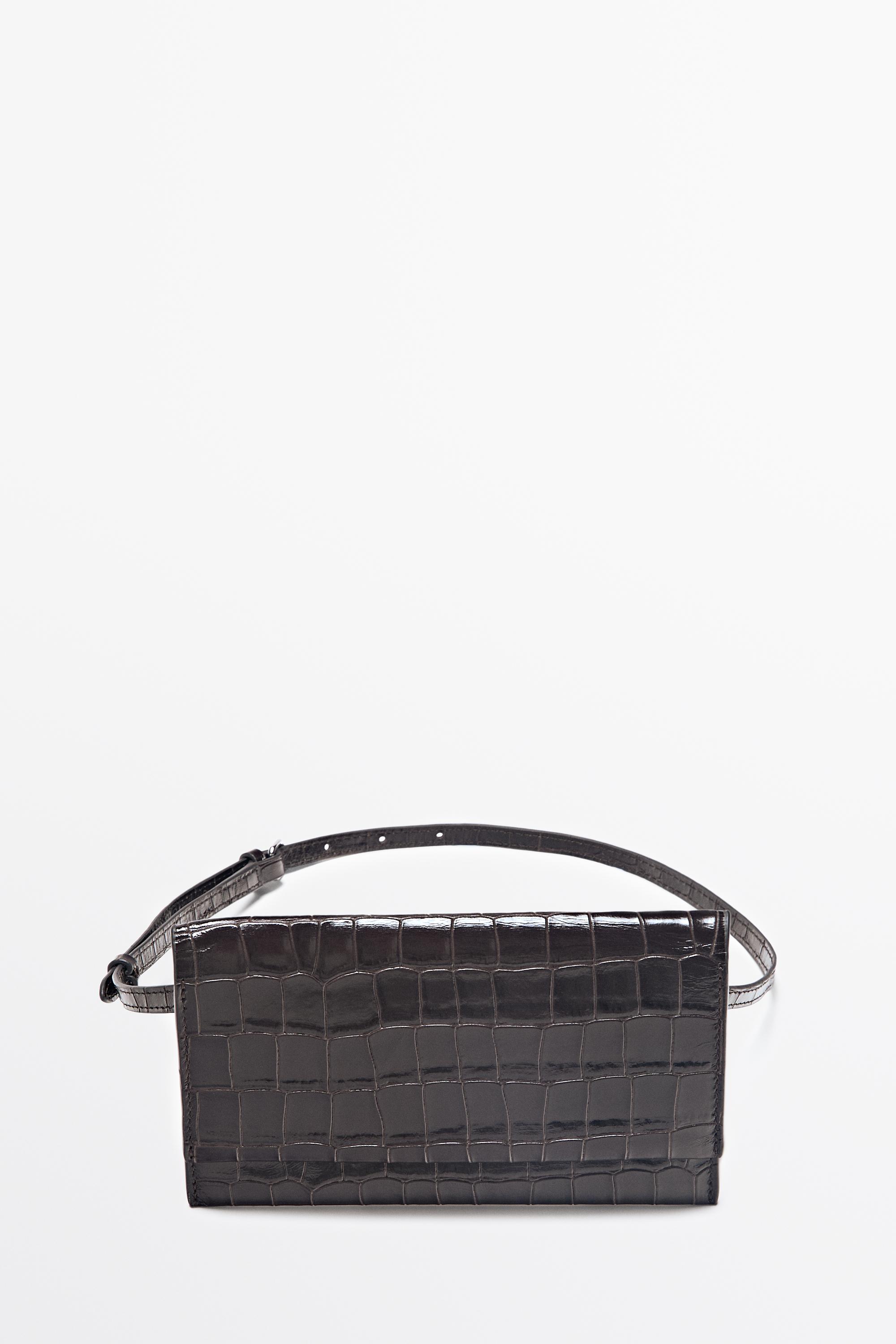 Crocodile-embossed leather belt bag — Brown