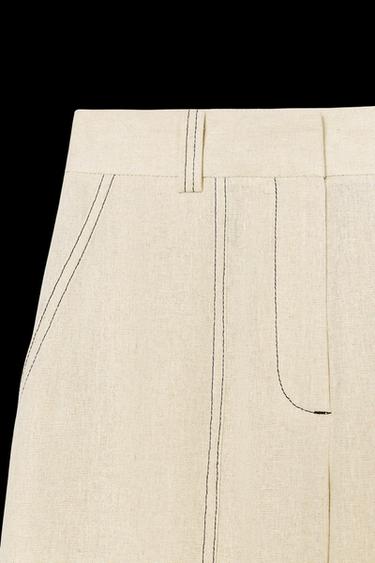 Zara LINEN STRAIGHT LEG PANTS WITH TOPSTITCHING - Light beige