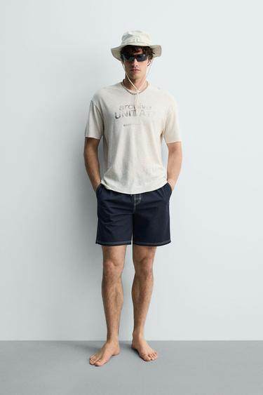 WASHED COTTON/LINEN T-SHIRT WITH TEXT - White by Zara