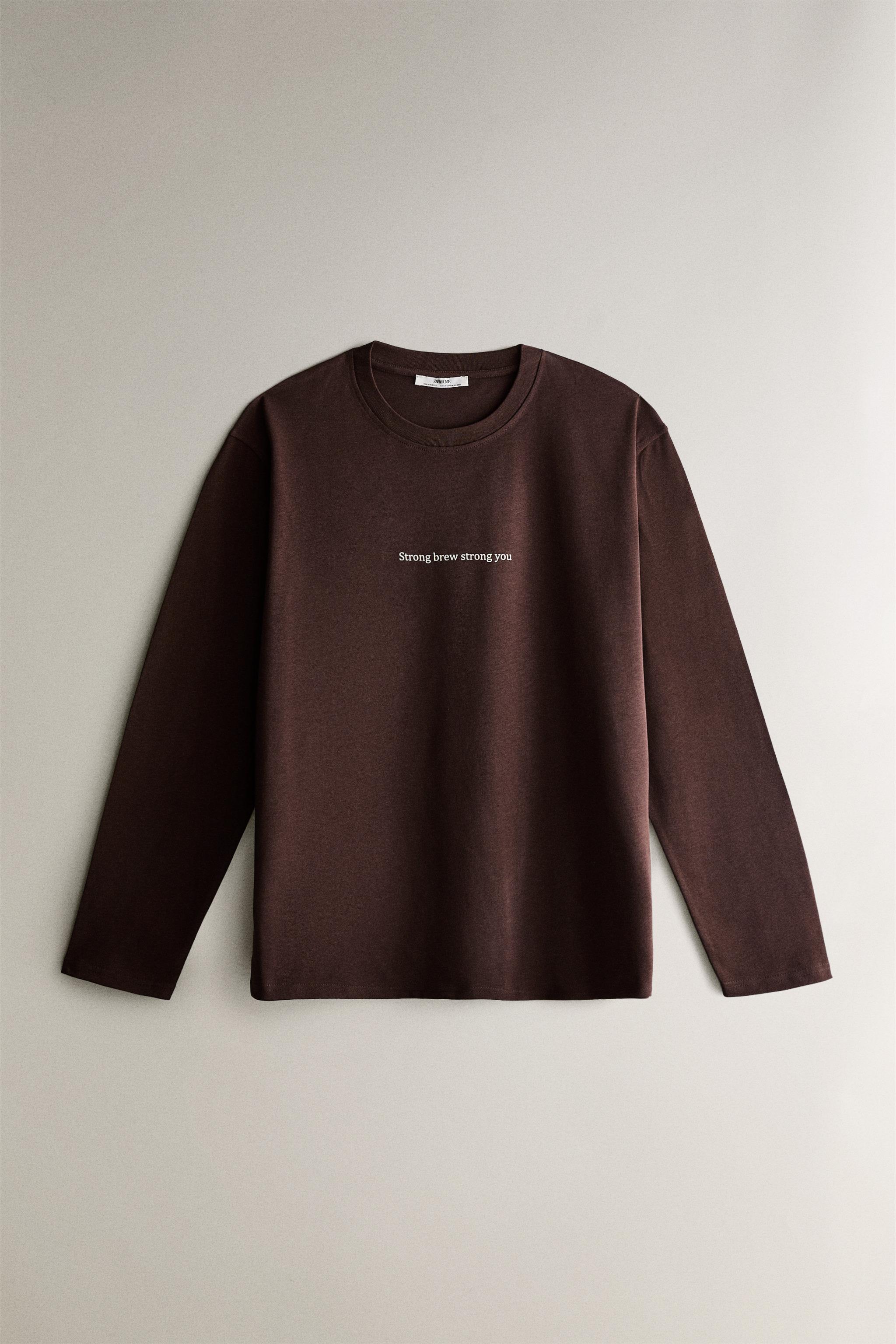 TEXT LONG SLEEVE T-SHIRT - Brown | ZARA Canada