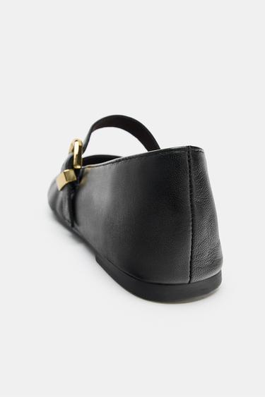 LEATHER BALLET FLATS WITH BUCKLE - Black by Zara - Image 5